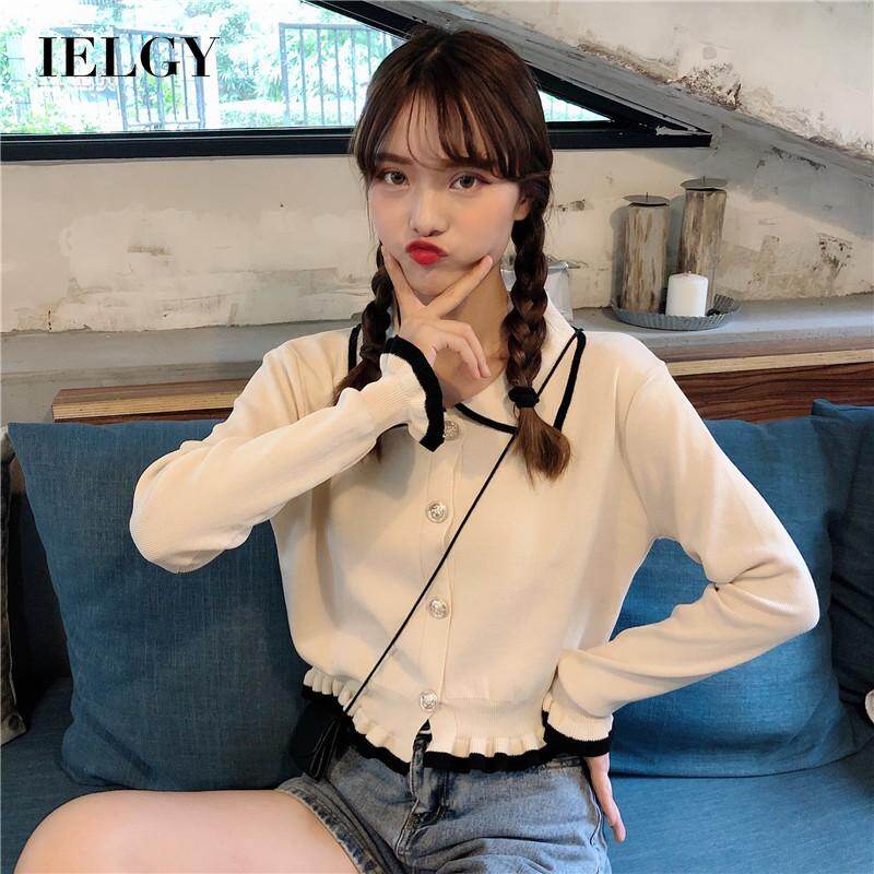 IELGY Sweater Women's clothes Inner wear Short Knitted Small French style Long sleeves Slim fit Black