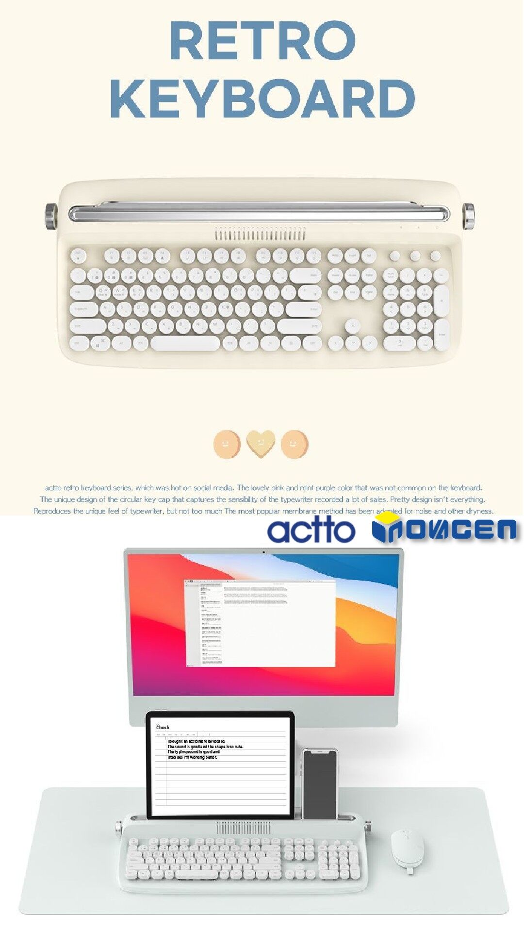Bàn Phím ACTTO B503, Bàn Phím Máy Đánh Chữ Retro Bluetooth 5.0 Không Dây Có Chân Đế Tích Hợp Cho Điện Thoại, Máy Tính Bảng Hỗ Trợ Android/Windows/IOS