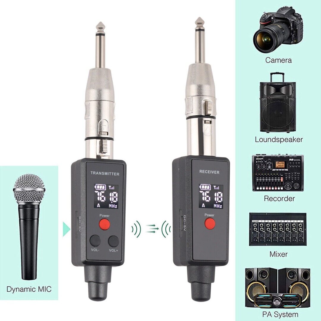 Cálido Speaker Microphone Wireless XLR Transmitter Receiver Rechargeable Adapter Built-in Double Antenna Compatible For Moving Coil Microphone /Mixer/Power Amplifier Speaker/ All microphones Except Capacitive Microphone Transmitter Switch 5V Power Supply