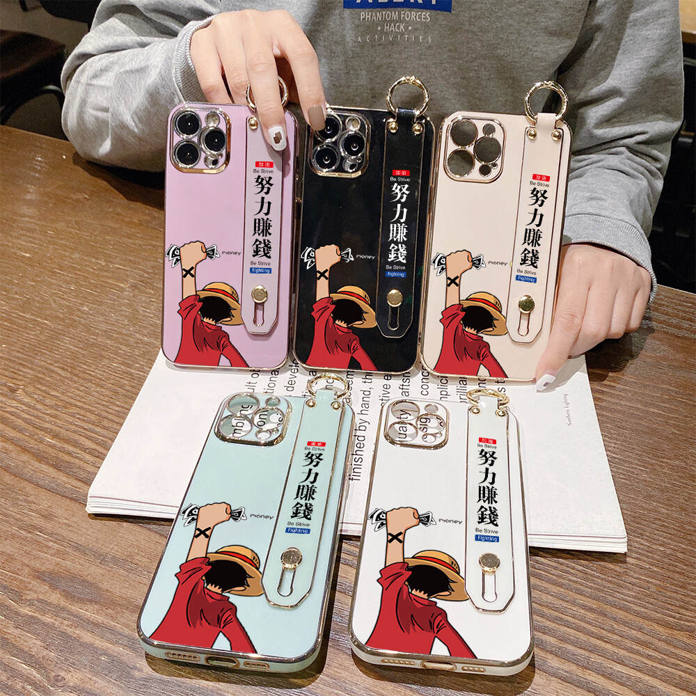 (With Wristband) Hontinga Casing Case For iphone 11 Pro Max 12 Mini 12 Pro Max 13 Mini 13 Pro Max Case Anime Luffy Luxury Chrome Plated Soft TPU Square Phone Case Full Cover Camera Protection Anti Gores Rubber Cases For Girls
