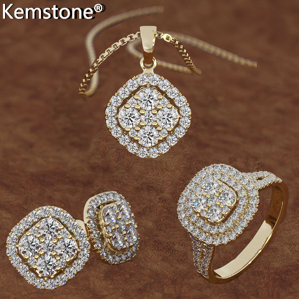 Kemstone Elegant Round Gold Plated Cubic Zirconia Copper Stud Earrings Pendant Necklace Ring Jewellery Gift Set for Women Weeding