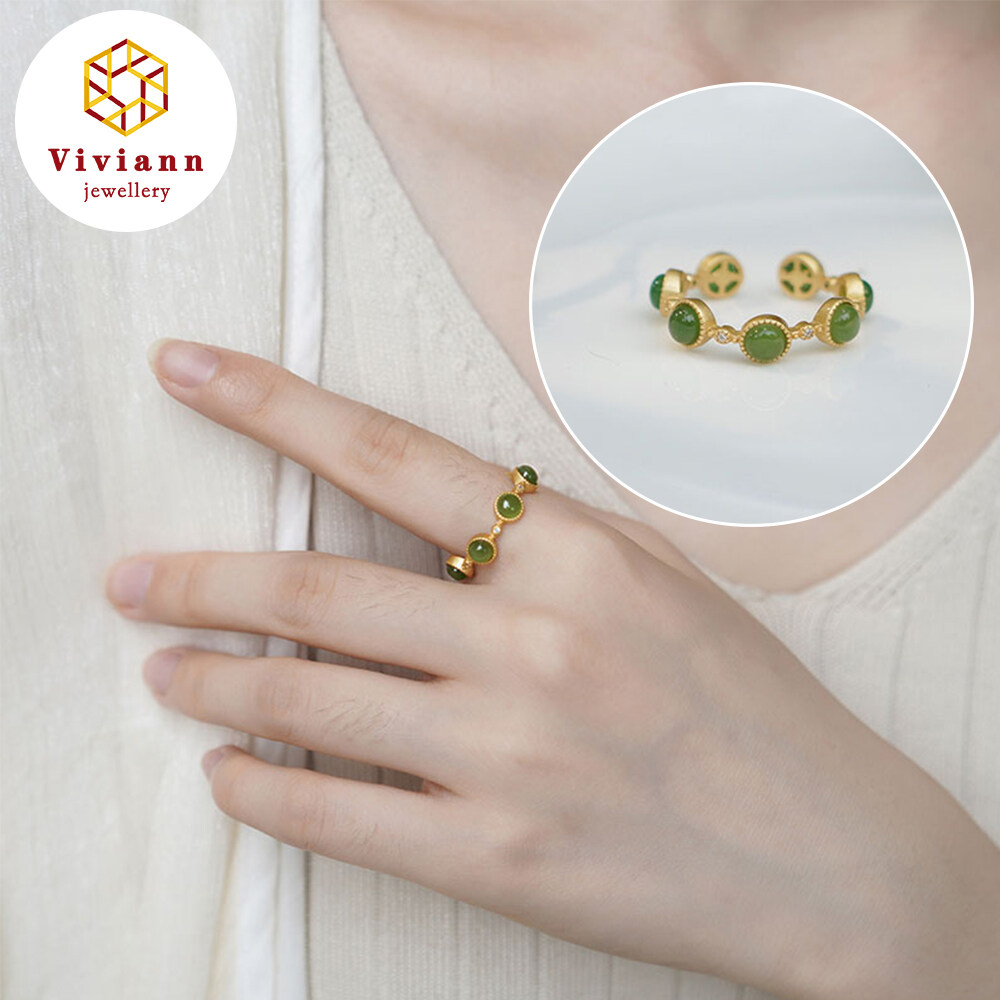 Viviann Nhẫn Ngọc Bích Hetian Chính Hãng Nhẫn Vàng Cổ Điển Mở Điều Chỉnh