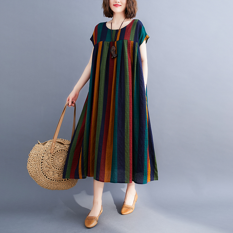 ForeverComfort Casual Loose Vacation Shirt Dress Striped Fashion Summer Short Sleeve Round Neck Oversized Indian Kurties Women's Boho Dresses Oversized 4BD080