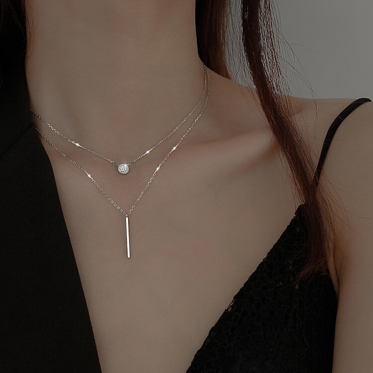 T-B Rectangular Bar Rhinestone round Geometric Double-Layer Necklace Female Clavicle Necklace Ins Niche Cold Simple Temperament Necklace women