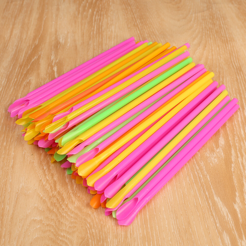 100pcs Plastic Drinking Straws Spoon Colorful Disposable Tea Tools Straw Eco Friendly Washable Bar Party Drink Accessories