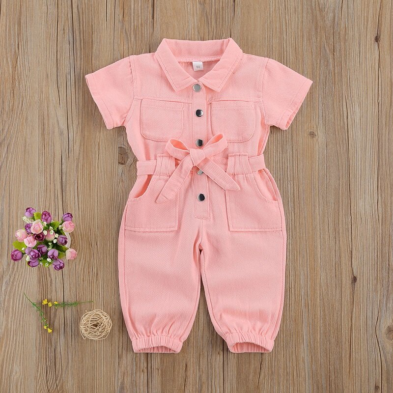 HUNTroom Fashion Kids Baby Girl Solid Pink Short Sleeve Turn Down Collar Denim Romper Jumpsuit Clothes
