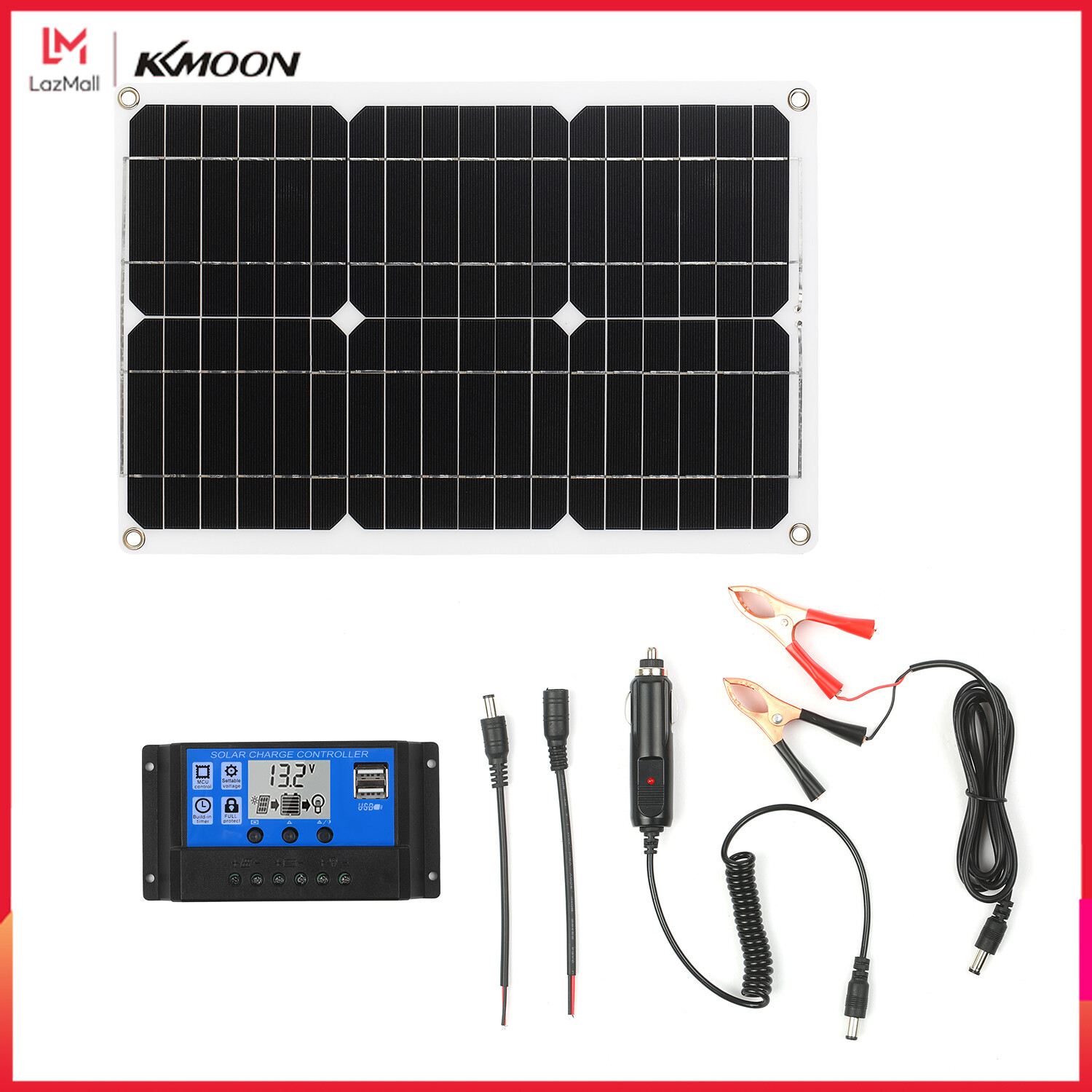 18W 12V Solar Panel Kit Dual USB Port Off Grid Monocrystalline Module with Solar Charge Controller SAE Connection Cable Kits