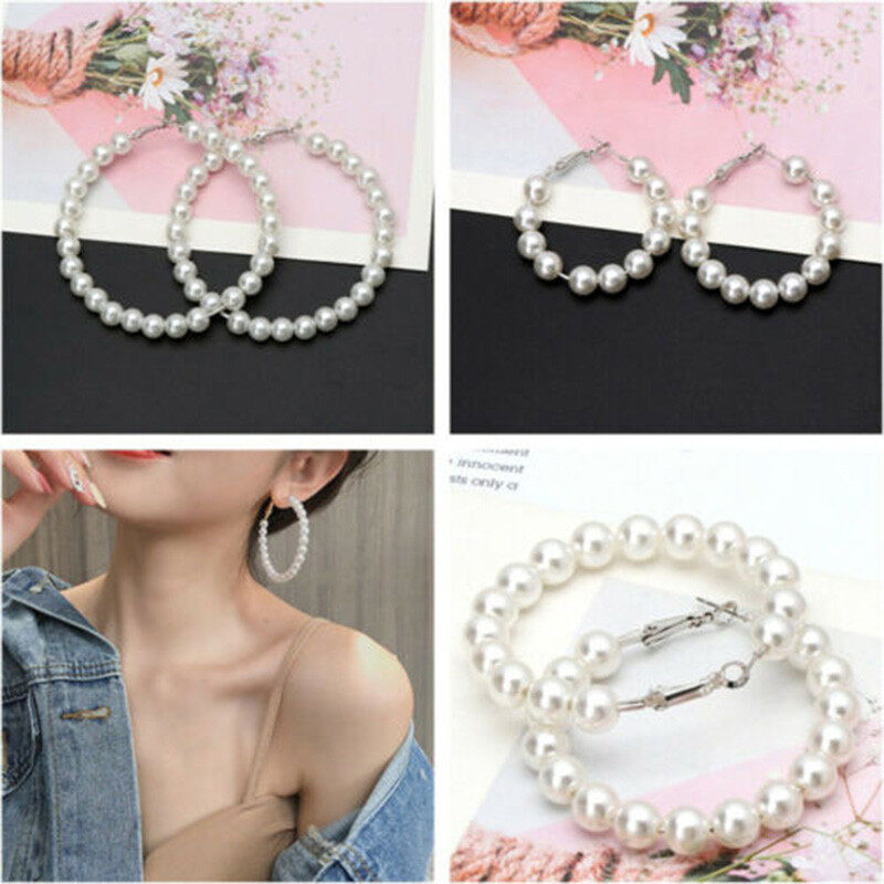1 pair Elegant White Pearls Hoop Earrings Women Oversize Pearl Circle Fashion Jewelry