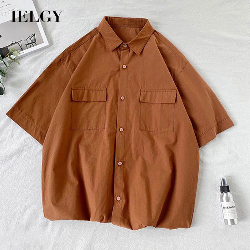 IELGY summer thin solid color short-sleeved shirt male loose Japanese tooling five-point sleeve simple trend half-sleeved shirt