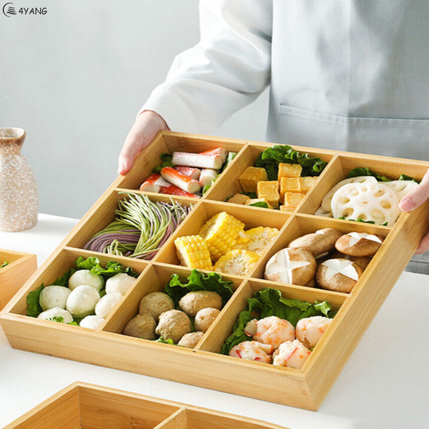 9 Grids Tray Hot Pot Plate Bamboo Wood Tray Hotel Restaurant Home Nine Grids Gourmet Tableware Plate Divided Combination Plate