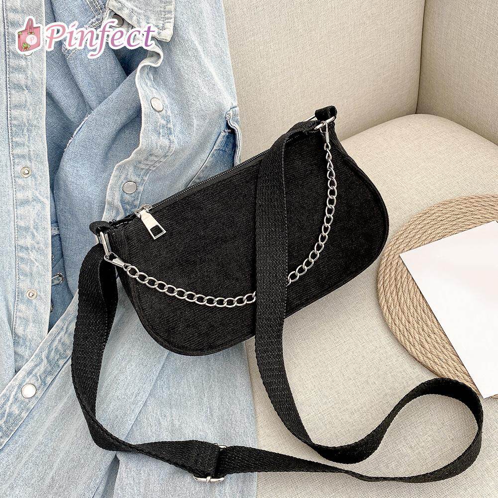 [Pinfect] Fashion Vintage Corduroy Crossbody Bag Women Solid Color Chain Handbag Elegant Zipper Small Shoulder Satchel Pouch