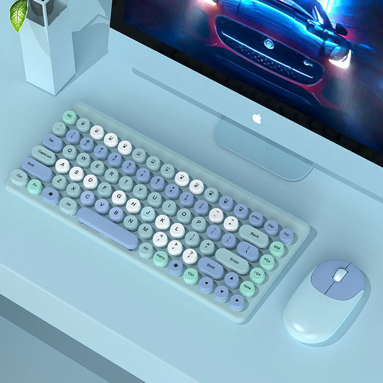 MD Bàn phím không dây và Combo Chuột, Bàn phím không dây kiểu máy đánh chữ hoài cổ với Vòng Keycaps, 2.4GHz kích thước đầy đủ USB dễ thương bàn phím không dây chuột cho máy tính, máy tính để bàn, máy tính xách tay và máy tính