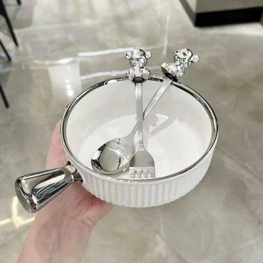 【Ready Stock】Cartoon Bear Fork Spoon Set Stainless Steel Fruit Fork Watermelon Spoon Tableware
