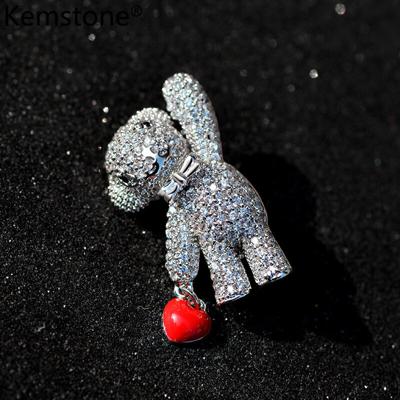 Kemstone Cute Little Bear Zircon Silver Gold Rose Gold Plated Copper Heart Brooch Jewelry Gift for Girl Women