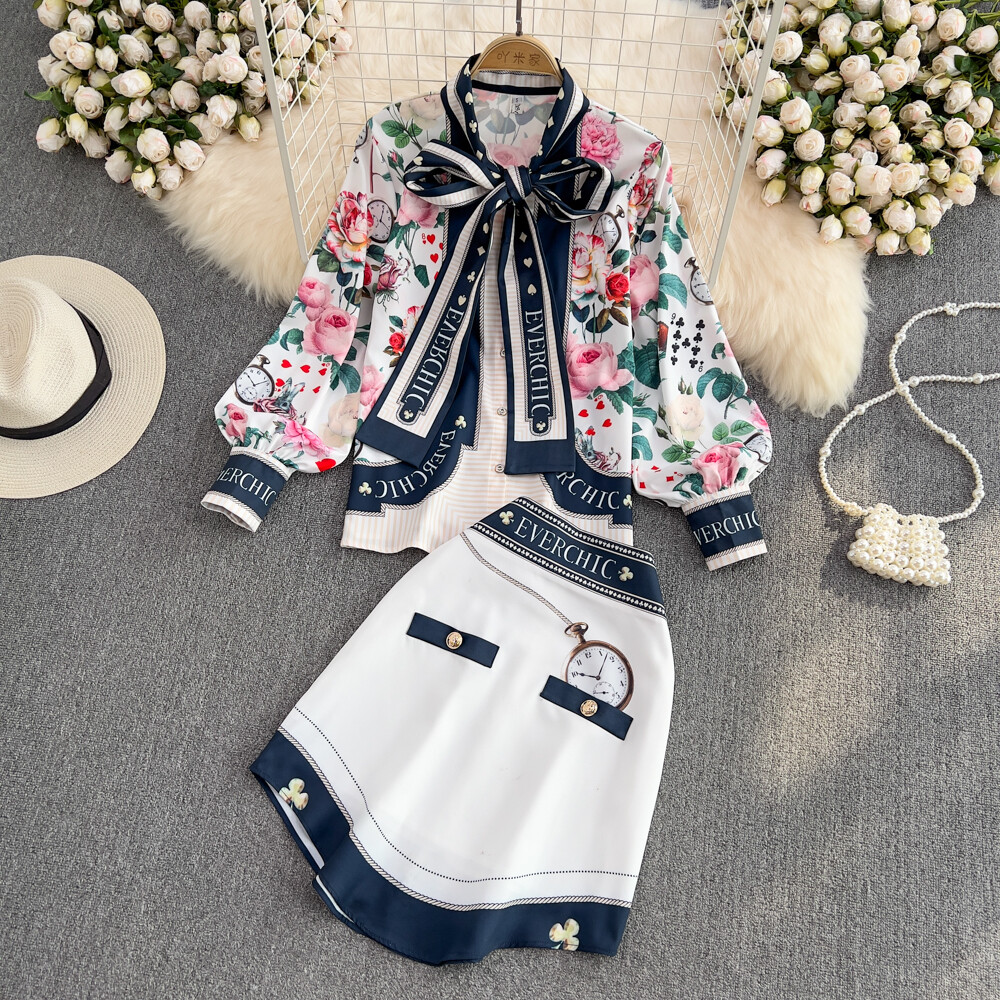 Gorgeous Fashion Small Fragrance Print Bow Tie Shirt + Elegant High Waist Skirt Two-piece Set 2022 New