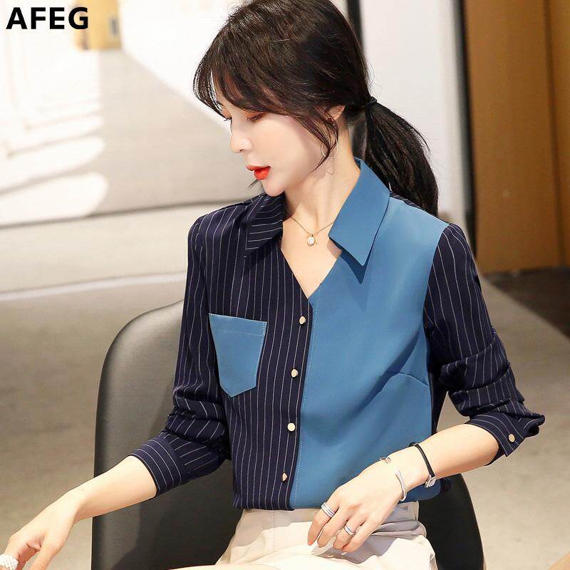 AFEG new Korean women's long-sleeved striped chiffon casual fashion wild temperament elegant OL women's shirt