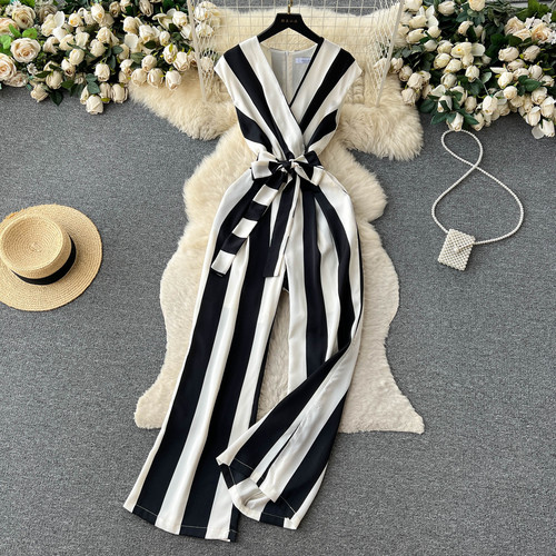 2023 Summer New Royal Sister Style V-Neck Sleeveless Slim Fit Belt Striped Temperament Wide Leg Jumpsuit