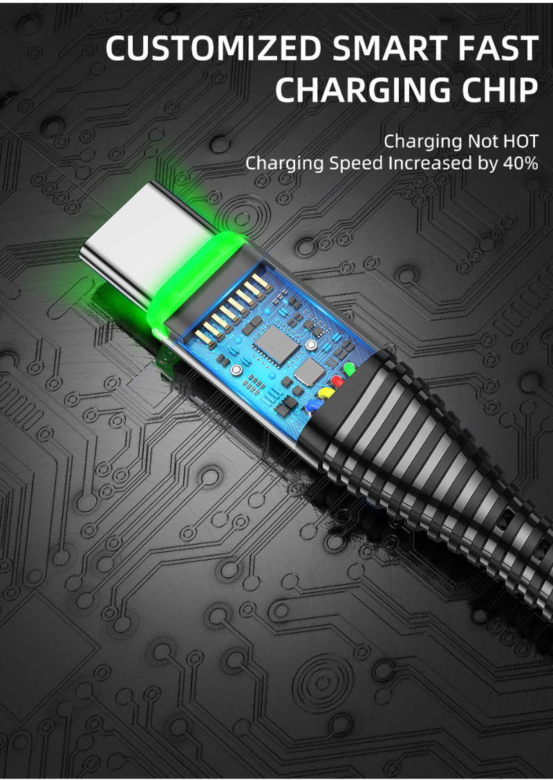 Mới Loại-C cáp với ánh sáng màu xanh lá cây cho TypeC Android 3.0A sạc nhanh cáp dữ liệu điện thoại di động