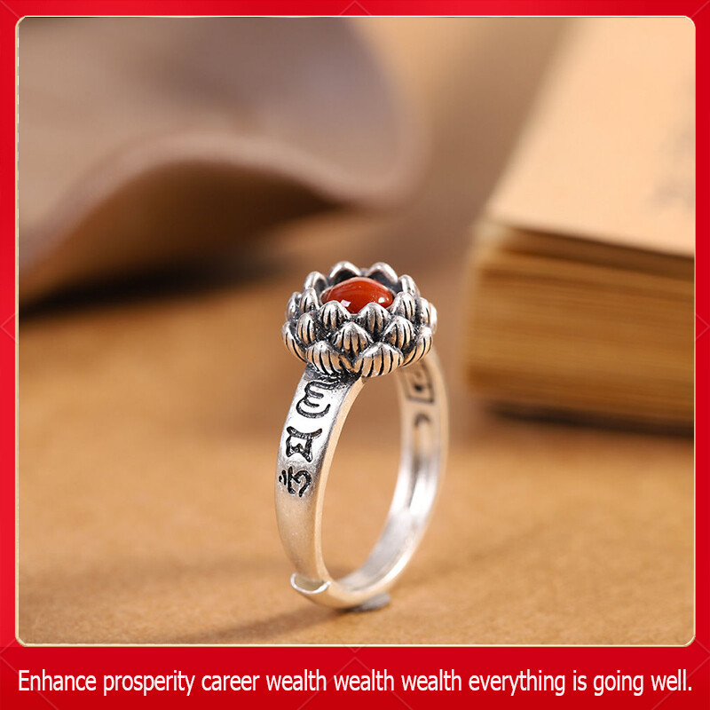 RY-Original Design Lucky Lotus Ring s925 Sterling Silver Hand Carved Vintage Eight Petal Lotus Rune Ring Size Adjustable Onyx Lucky Stone Ring