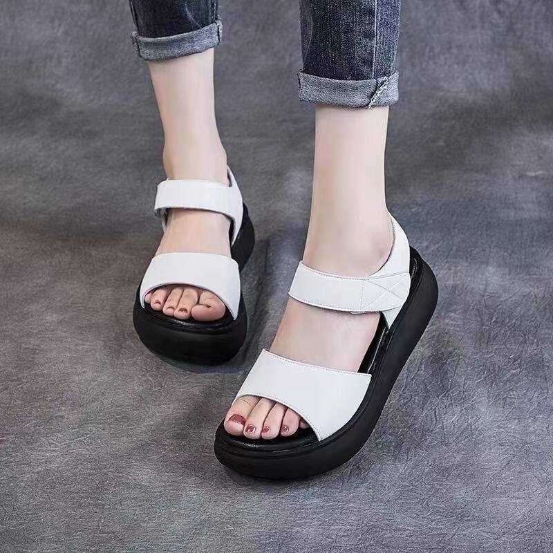 Genuine Soft Leather Platform Sandals Women's New All-match Velcro Wedge Sandals Mid-heel Retro Platform Roman Shoes