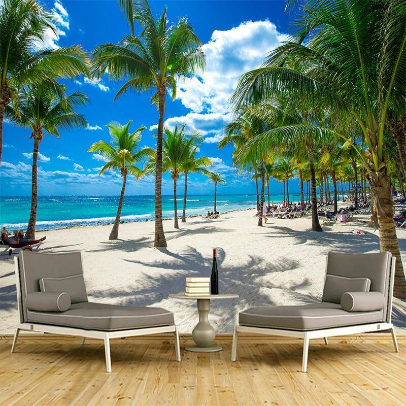 Custom 3D Photo Wallpaper Seaside Coconut Tree Beach Scenery Wall Mural Wall Paper For Living Room Background Wall Paper sticker