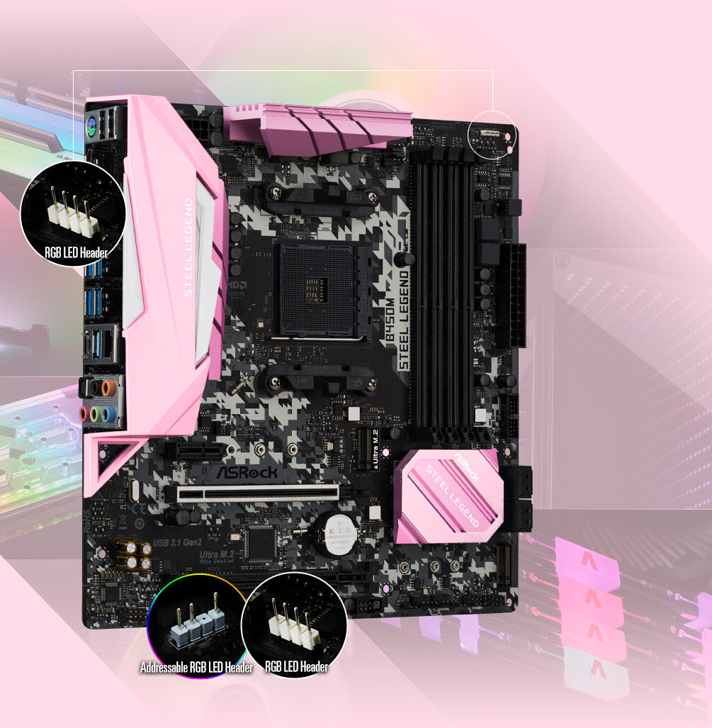 ASROCK B450M Pink Steel Legend Motherboard (LIMITED, 58% OFF