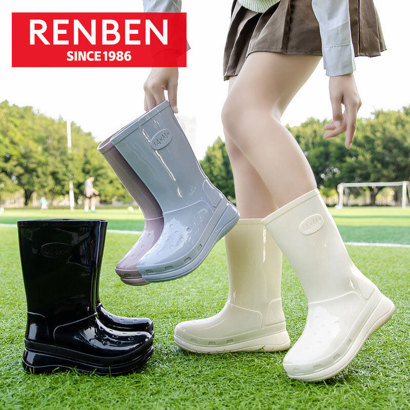 RENBEN Bốt Đi Mưa Ống Cao Giày Đi Nước In Hình Cho Nữ Chống Trượt Chống