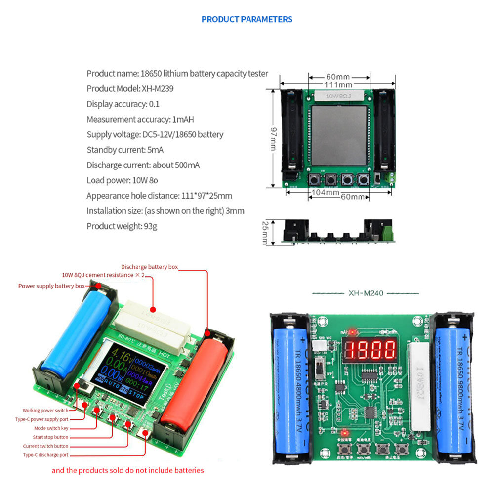 18650 Lithium Battery Capacity Tester Module High Precision XH-M239 LCD Digital Display True Capacity Module MaH/mwH Measurement