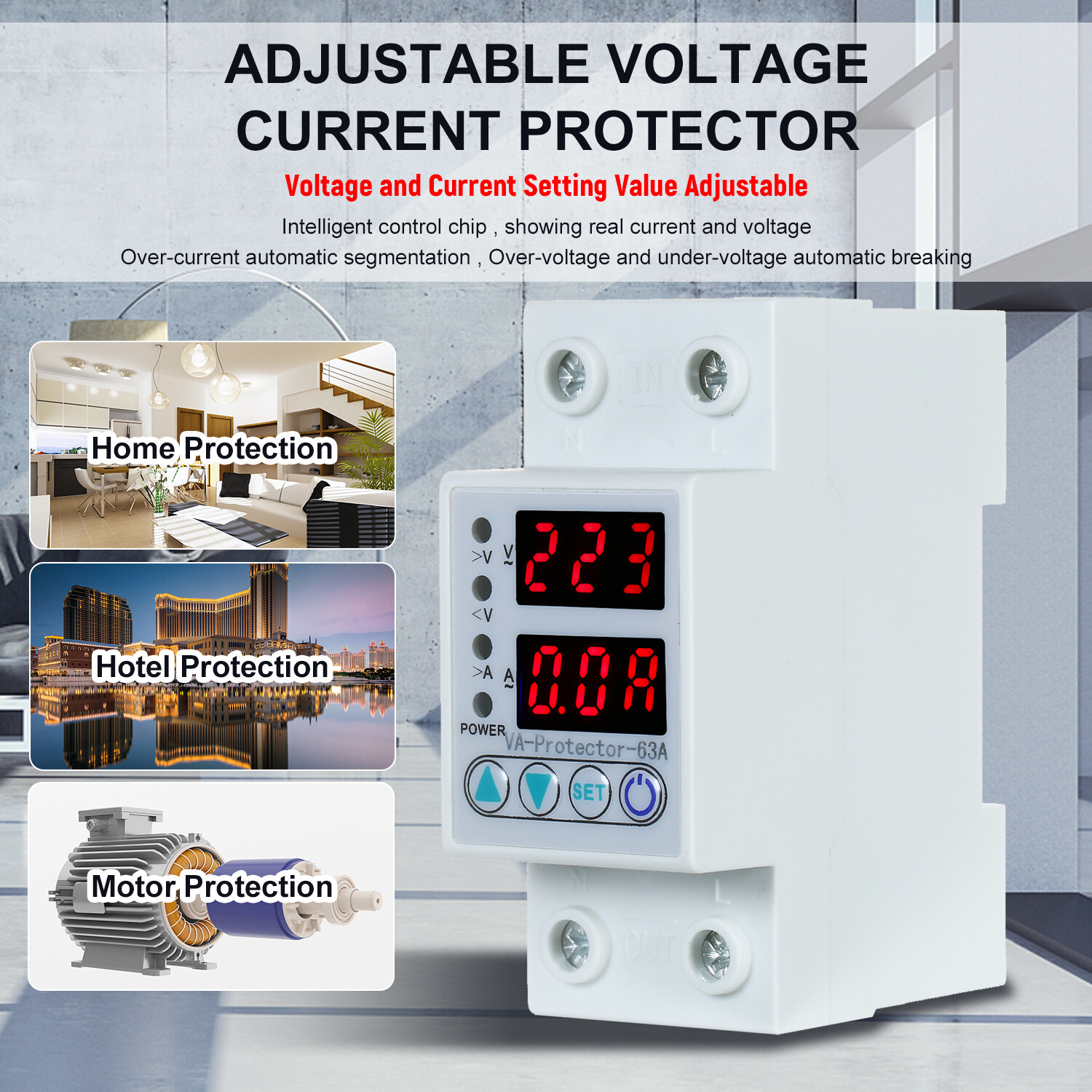 Tool world 63A 220V Din Rail có thể điều chỉnh trên điện áp và dưới điện áp Bảo vệ thiết bị bảo vệ rơle trên bảo vệ hiện tại Sử dụng tại nhà Màn hình LED kép