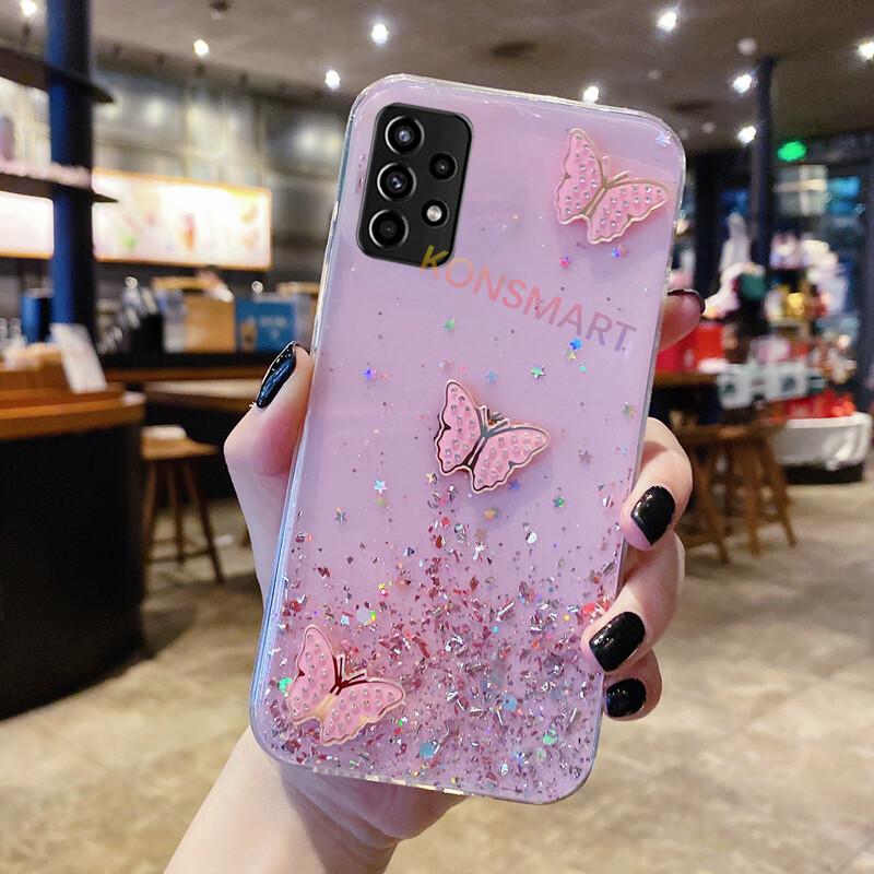 KONSMART Samsung Galaxy A15 A25 A35 A55 5G A05 A05s A54 A34 5G A24 A14 5G A04E A04 A04s A13 5G A13 Lite A23 A33 A53 A73 5G A72 A52s A52 A32 5G Bling Glitter Star Space WIth Shiny Butterfly Soft TPU Phone Casing
