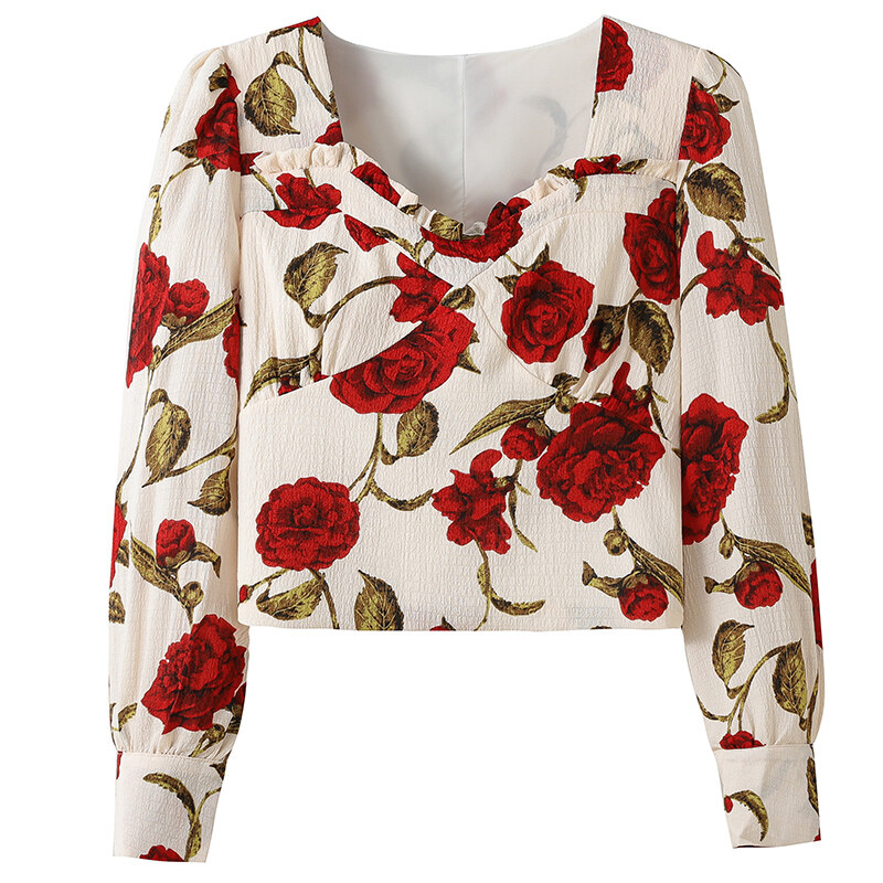 REHIN Women's top Spring new French blouse square collar Sweetheart Neck chiffon shirt niche design floral print long-sleeved shirt