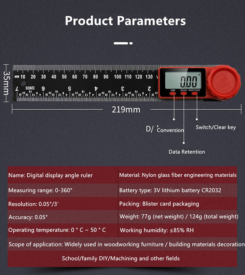 [Ready stock] KIPRUN 200mm Digital Protractor Ruler Inclinometer Goniometer Level Measuring Tool Electronic Angle Gauge Angle Ruler, 0-360