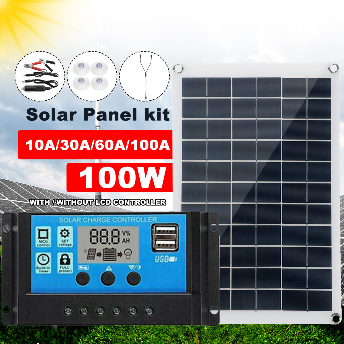 100W Protable Solar Panel Kit Dual DC USB Charger Kit with Solar Controller