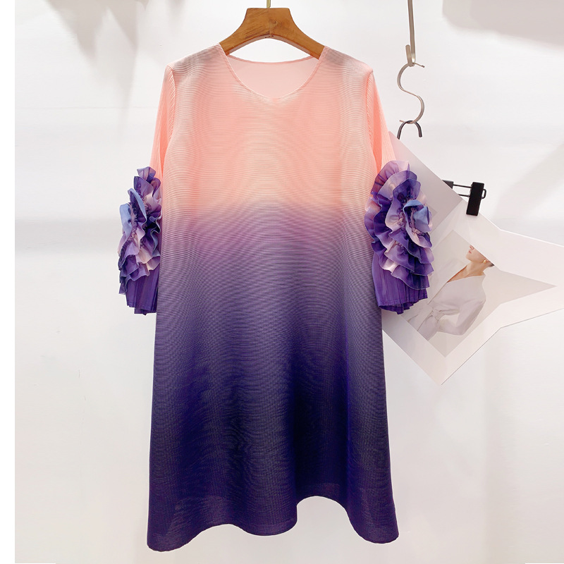 Pleated Gradient Printed Mid-Length Dress for Women Dignified Sense of Design Trendy #Rs20230176