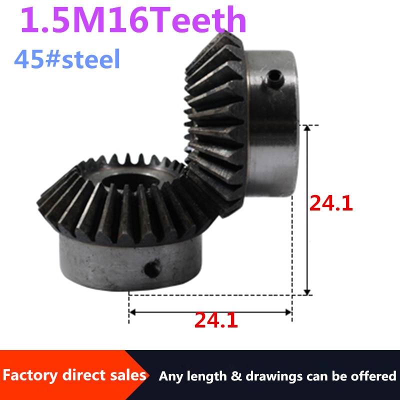 2pcs bevel gear 1.5m 16teeth inner hole 6/8/10/12 mm gear 90 degrees meshing angle steel gears screw hole m5