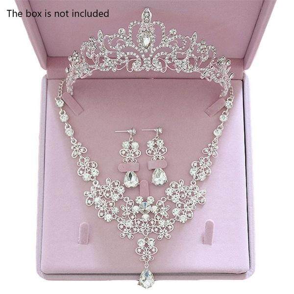 Thời trang Đồ trang trí cô dâu pha lê Rhinestone Vòng Cổ Bông Tai Vương Miện Bờm vương miện Bộ trang sức