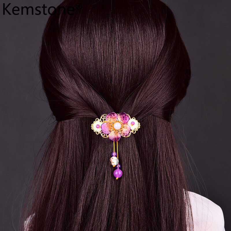 Kemstone Chinese Style Elegant Gold Plated Purple Jade Bead Flower Tassel Hairpin Hair Accessories Jewelry Gift for Women Girls
