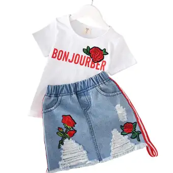 girls red denim skirt