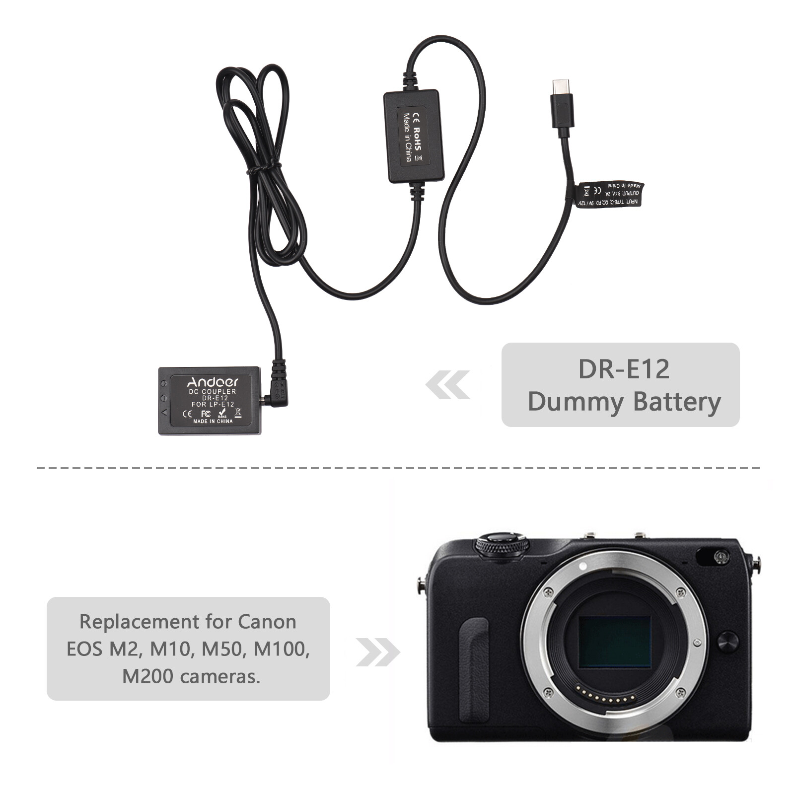Andoer PD USB Type-C Cable to DR-E12 Dummy Battery DC Coupler LP-E12 Replacement for Canon EOS M2 M10 M50 M100 M200 Cameras