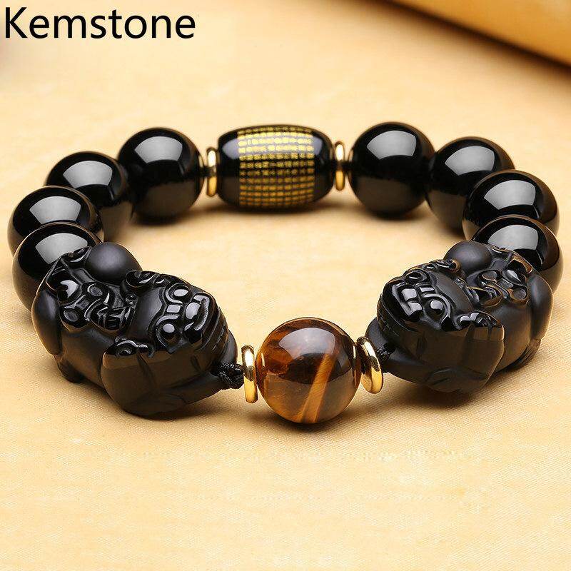 Kemstone 14mm Fashion Dull Polish Obsidian Tigers Eye Stone Creative Design Pixiu Beaded Chain Bracelet for Women Men Jewelry Gifts