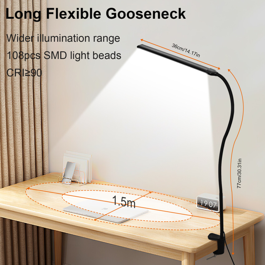 Toolour LED Desk Lamp With Clamp, Swing Arm Desk Light With Touch Control, Wide Coverage Area Table Light, Eye-Care Architect Task Lamp, 3 Modes 10 Brightness, Adaptor Powered Table Lamp For Student