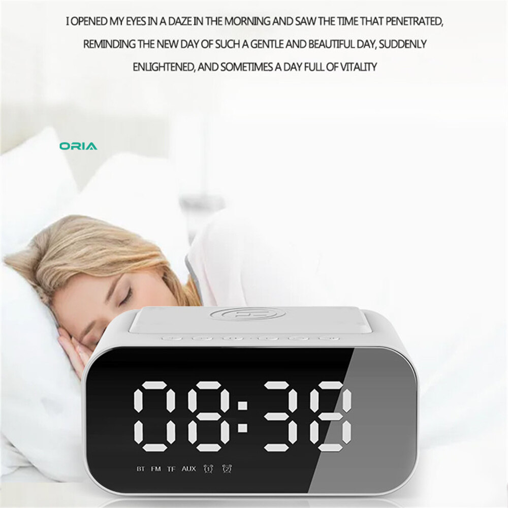 Oria đồng hồ gương kỹ thuật số fm loa Bluetooth đồng hồ âm nhạc sạc có đèn nền, 3 mức độ sáng, 2 chế độ phát lại, micrô, chức năng rảnh tay cho đồ trang trí văn phòng phòng ngủ gia đình