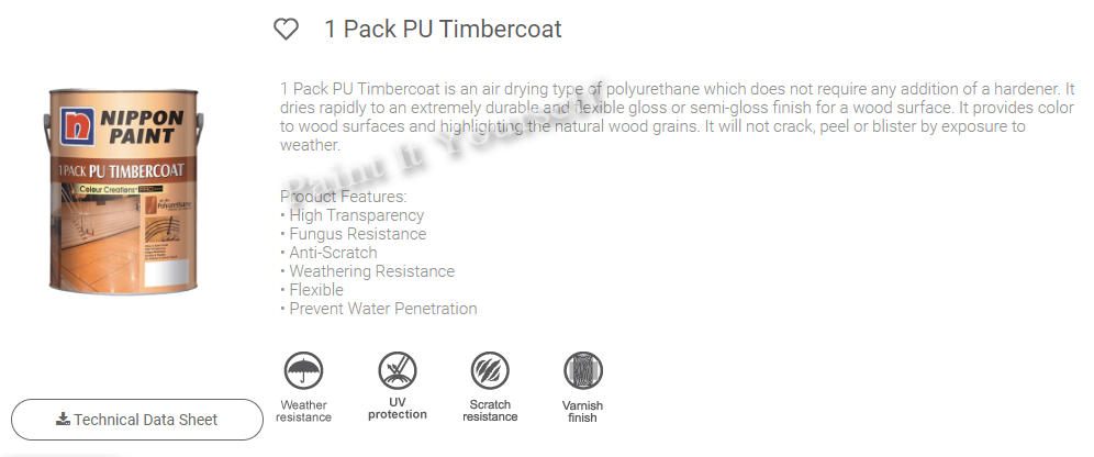 Nippon Paint Pack PU Timbercoat (Page 1) Cat Varnish Tahan Lama - Main Image