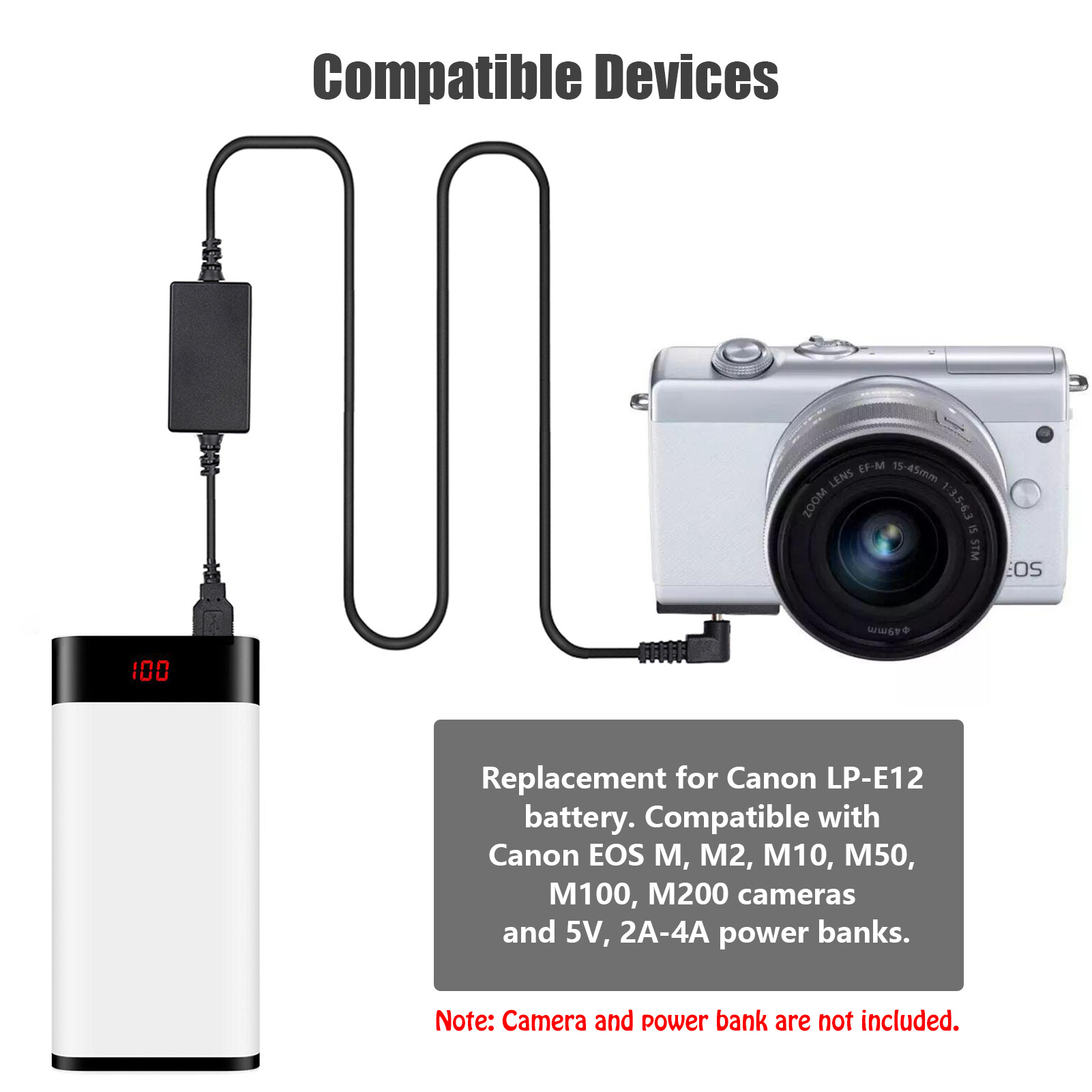 Andoer DR-E12 Bộ Nguồn USB Pin Giả Khớp Nối DC Thay Pin LP-E12 Với Bộ Chuyển Đổi USB DC Cáp Điện Đầu Vào USB Đơn Tương Thích Với Máy Ảnh Canon EOS M M2 M10 M50 M100 M200