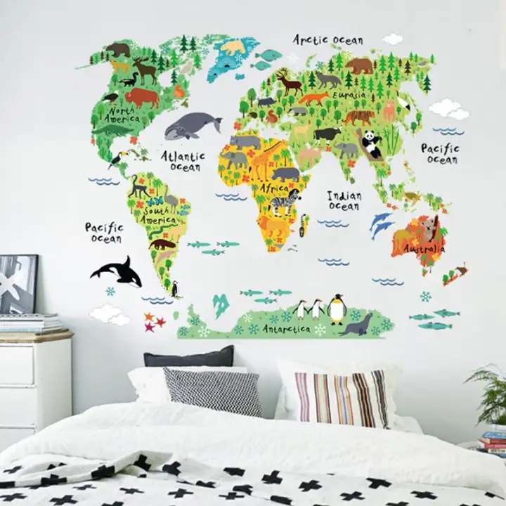 Qia Animal Educational World Map Wall Sticker Decal For Kids Baby Room Decor New Lazada Singapore Qia Animal Educational World Map Wall, Educational Room Decor