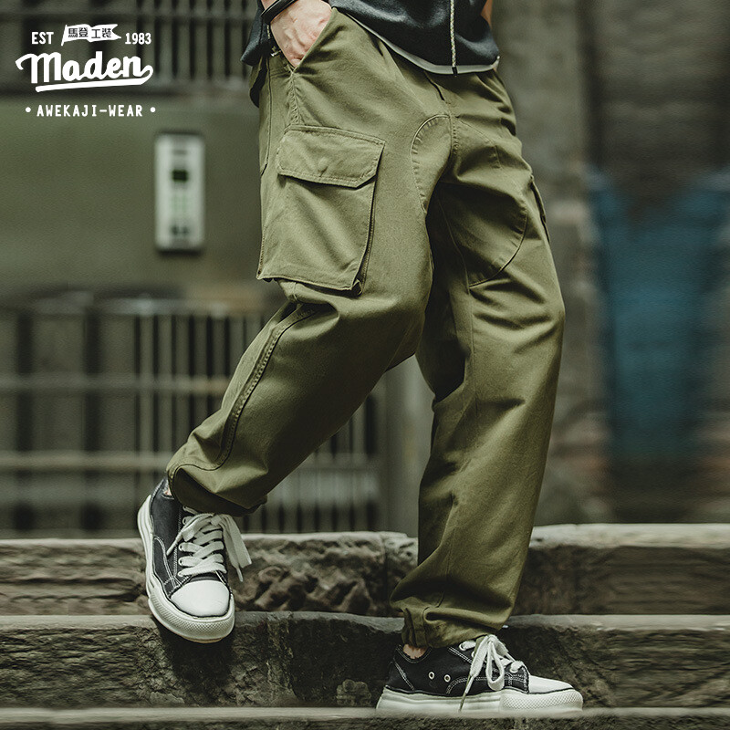 Maden brand tooling style 2023 autumn new men youth hip-hop personality retro British tapered casual pants elastic drawstring big pockets Chino men's fashion trousers
