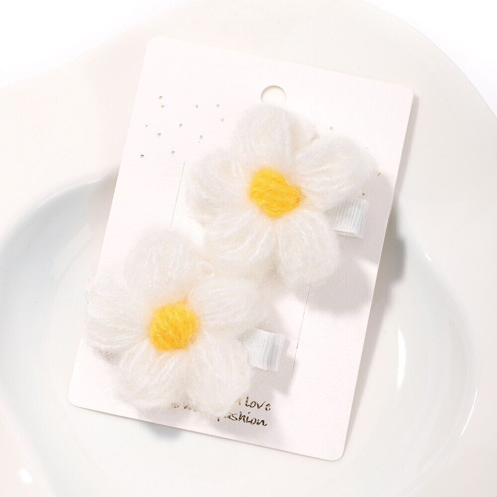 Kidsbows Set of 2 Flowers Handmade Crochet Small Puff Safety Hair Clips Kids Hair Accessories Barrettes Cute Baby Girls Wool Knit Headwear