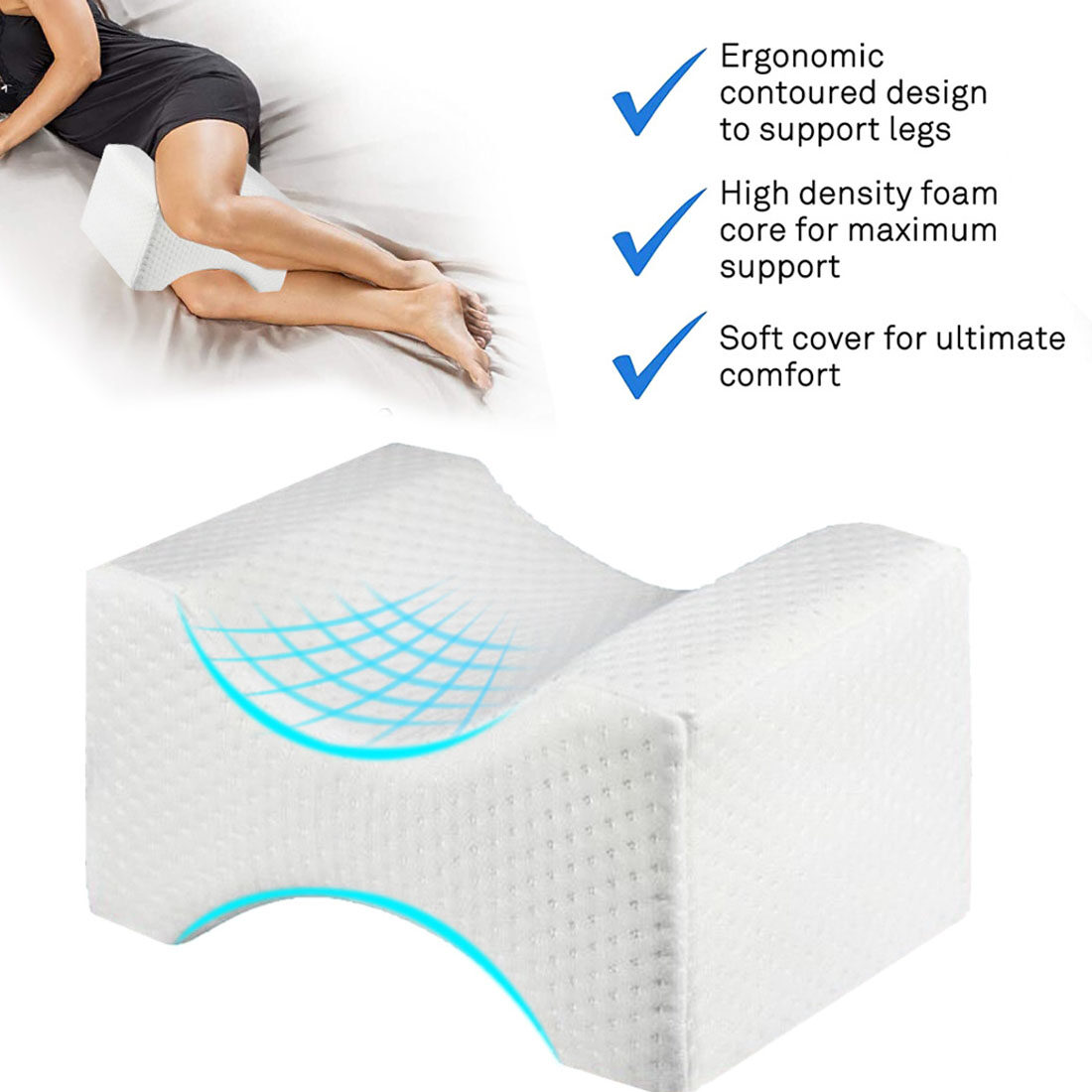 Knee Pillow for Side Sleepers - 100% Memory Foam Wedge Contour - Leg ...