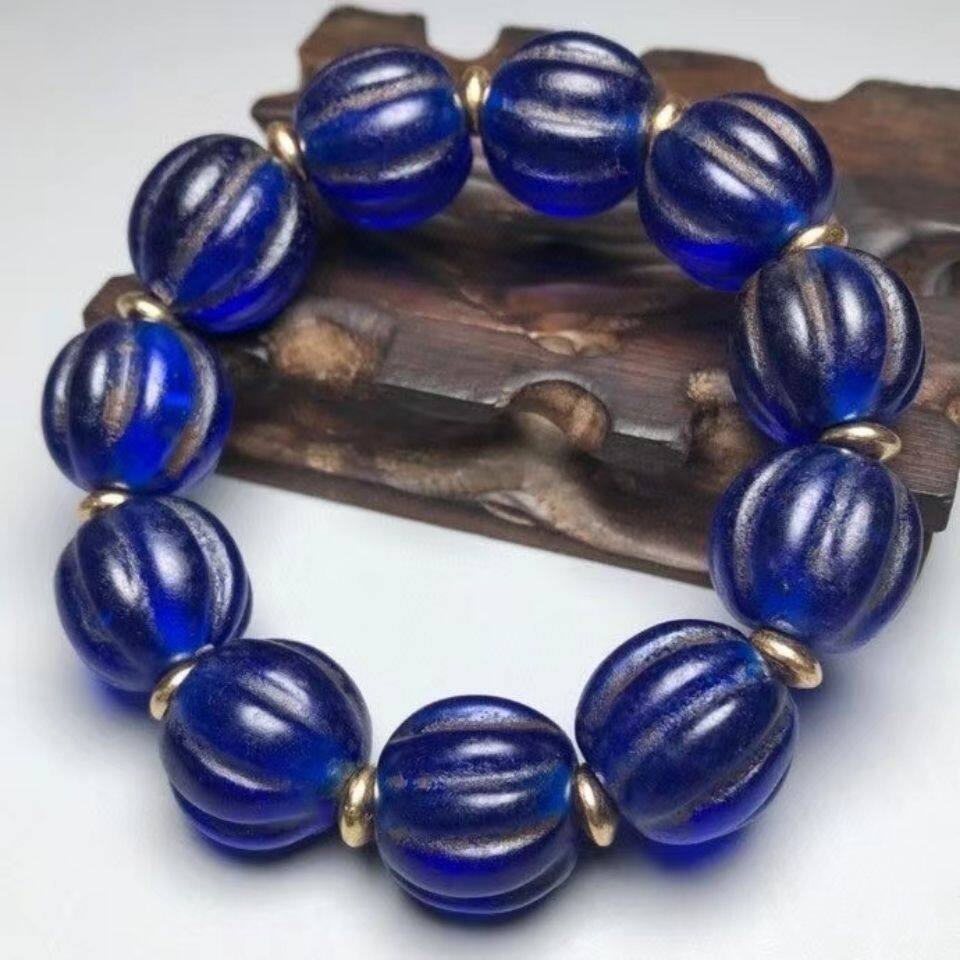 Antiques Miscellaneous Buddha Beads Hand String Colored Glass Hand String Blue Glazed Melon Beads Diameter 20mm