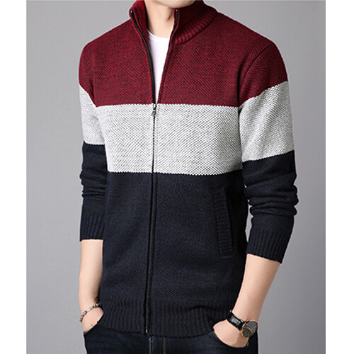 Áo Cardigan Cao Cổ Cho Nam FAVOCENT, Áo Len Đan Chắp Vá, Dáng Ôm